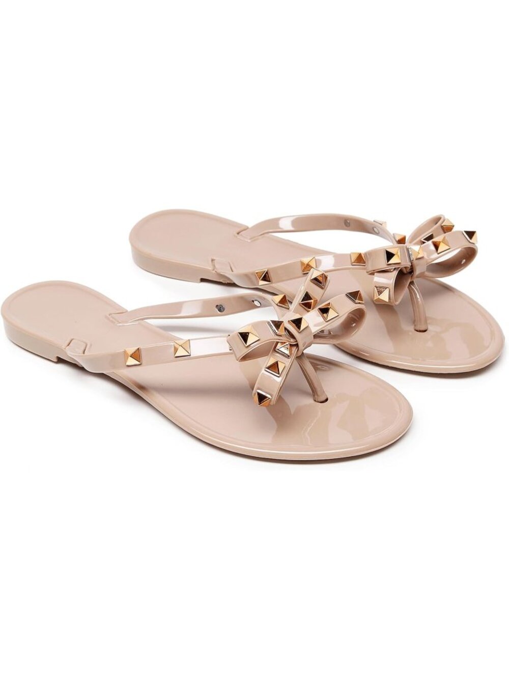Women's Nude Thong Open Toe Jelly Bow Stud Slip On Studded Flat Sandal Shoes